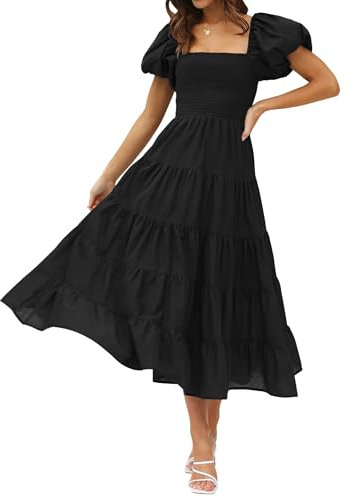 ZESICA Women's Summer Dress 2023 Square Neck Short Puff Sleeve Solid Color High Waist Casual Smocked Flowy A-line Tiered Midi Dress, Black, L