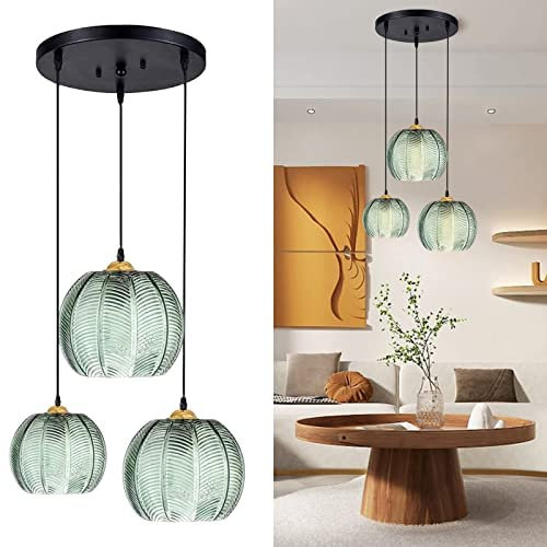 ZRYBH Suspension en verre à 3 lumières, suspension de plafond avec abat-jour en verre en forme de citrouille à rayures vertes,luminaire suspendu réglable en hauteur, salle à manger (3light) Nature