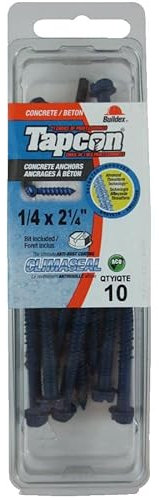 10 Pack 1/4 x 2-1/4 Hex Head Concrete Screws, with Drill Bit