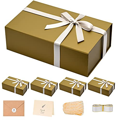 LIFELUM Leere Geschenkboxen, 5 Stück, 35,1 x 21,1 x 11,2 cm, rechteckig, zusammenklappbar, mit Magnetdeckel und Band, Karte, geschredderter Papierfüller, Geschenkbox für Geschenke, Weihnachten,