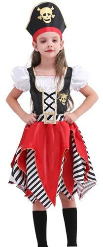 Raberto Kinder Pirate Kostüm - Mädchen Pirate Prinzessin Kleid mit Hut - Rollenspiel Kostüm für Kinder 5-6 Jahre