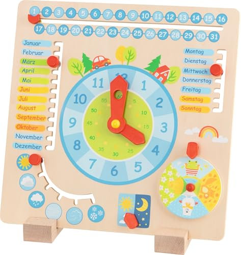 Goki Jahresuhr für Kinder – Lernspielzeug aus Holz, 30x30 cm, Deutsch, ab 5 Jahren – Perfekt zur Vermittlung von Jahreszeiten, Monaten, Wochentagen und Wetter