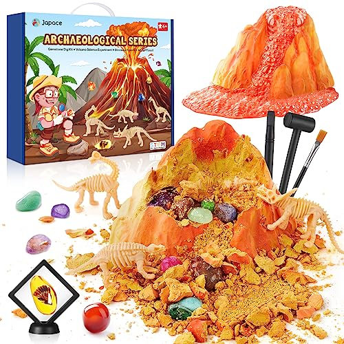 Japace Ausgrabungsset für Kinder, Edelsteine Ausgraben Set mit 12 Mineralien Steine, Bernstein & 4 Dinosaurier , Vulkan Experimentierset Kindergeburtstag Spielzeug ab 6 7 8 9 10 Jahre