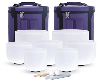 KVKA Set of 7PCS 432 Hz Frosted Quartz Crystal Singing Bowls 7-12 inch Chakra Sound Bowls with Carry Case Bag for Yoga Meditation Gifts