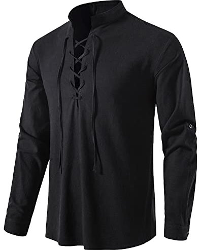 YAOHUOLE Chemise Homme Lin et Coton Chemise Col Mao Homme, Men Casual Henley Shirt Noir M
