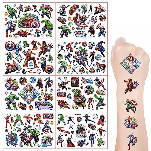 Superhelden Tattoo Kinder Spiderman Marvel Tattoo, 8 Blätter Superheld Temporäre Tattoo Set Superman Tattoos Aufkleber Wasserdicht für Geburtstagsgeschenke Kindergeburtstag Mitgebsel