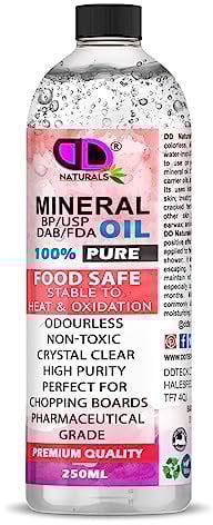 DD Teck Pure Mineral Oil Premium Food Safe, Chopping Board Oil, Cutting Board, Worktop, Butcher Blocks, Countertops Wood, Slate, Stone- Tasteless, odourless & Clear (250ml Cap)