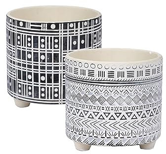 Set of 2 - Decorative Aztec Style Small Ceramic Plant Pot Indoor Home House Flower Succulent Cactus Herb Round Planter Cover Holder