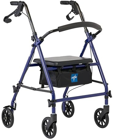 Medline Rollator Walker with Seat, Steel Rolling Walker with 6-inch Wheels Supports up to 350 lbs, Medical Walker, Blue