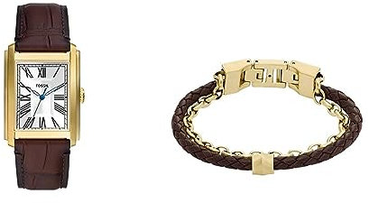 Fossil Herrenuhr Carraway und Lederarmband All Stacked Up- Dreizeigeruhrwerk, goldfarbener Edelstahl