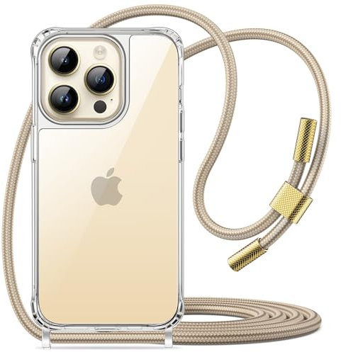 JETech Crossbody Hülle für iPhone 14 Pro 6,1 Zoll mit Verstellbarem Umhängeband, Klar Transparent Anti-Vergilbung Stoßfest Schutzhülle mit Umhängekordel (Gold)