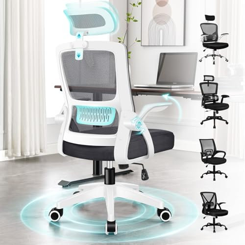ALFORDSON Büro-Schreibtischstuhl, Ergonomisch für das Heimbüro, Computer-Netzstuhl mit Dynamischer Lordosenstütze, Kopfstütze, Hochklappbare Armlehne, Neigbarer Drehstuhl, Weiß