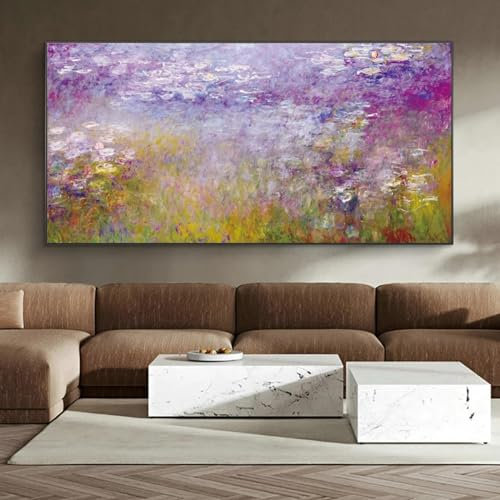 KQZVCU Seerosen von Claude Monet, berühmte Wandkunst, Gemäldedruck auf Leinwand, Kunstdrucke, impressionistische Blumenbilder, 70 x 140 cm, rahmenlos