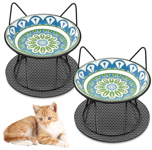 Avmvnvc Comedero Gato Elevado - 2X Comedero Perro con Marco Metálico -Cuenco Gato Ceramica con Alfombrilla Antideslizante - Comederos y Bebederos para Gatos y Perros Pequeño