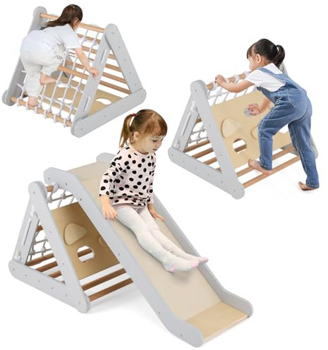 COSTWAY 4 en 1 Triángulo de Escalada para Niños, Escalador Triangular con Tablero Deslizante, Juego de Escalada de Madera para Interior con Red de Escalada para Hogar