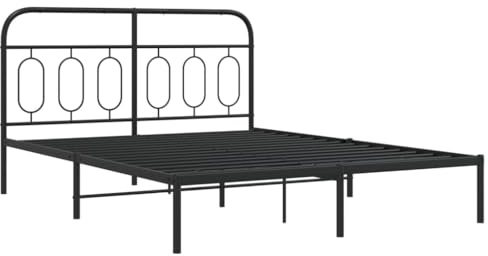 vidaXL Bettgestell, Bett mit Kopfteil, Bettrahmen mit Lattenrost Mittelfüßen, Metallbett Doppelbett für Schlafzimmer, Metall Schwarz 140x200cm