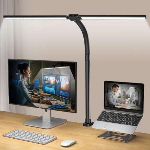 CandLuc Schreibtischlampe LED Doppelkopf, 24W 80CM Schreibtisch Lampe Klemmbar, Augenschutz Schwanenhals Büro Tischlampe, Dimmbare Timing-Funktion 5 Farben Monitor Lampe für Homeoffice Architekenden