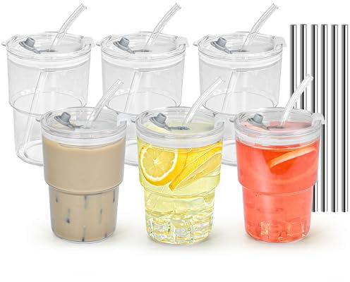 Icesip 15 oz Plastic Iced Coffee Cups with Lids and Straws Set of 6, Unbreakable Drinking Glasses Reusable Iced Coffee Glass to Go Cup for Matcha Tea Smoothie Juice Cup Dishwasher Safe