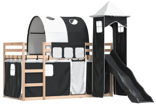 vidaXL Etagenbett, Stockbett mit Rutsche Gardinen, Kinderbett mit Rausfallschutz Lattenrost, Spielbett Bett ohne Matratze, Weiß Schwarz 80x200cm