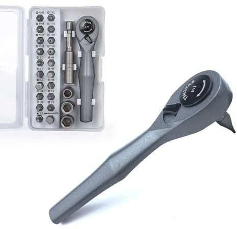 UYXiNONE 25-Piece 1/4 Mini Ratchet Set Screwdriver and Bit with Metric Socket Set, 72-Tooth Ratchet Stubby Ratchet 90 Degree Right Angle Screwdriver for Small Spaces