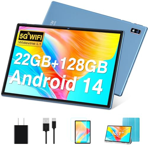 DEERTiME Tablet Android 14 Tablets 10.1 inch with 22GB RAM 128GB ROM, Octa-Core Processor 8000mAh TF 1TB, G+G HD IPS Display Tableta, Dual Camera, Widevine L1 Bluetooth GPS Tablet PC (Blue)