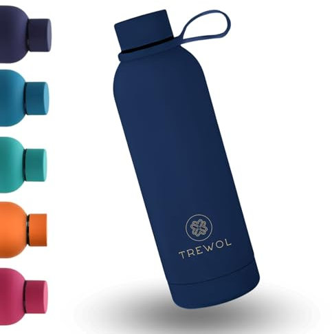 TREWOL Botella Agua Térmica 750ml – Acero Inoxidable sin BPA | Cantimplora Deportiva Doble Pared Aislante | Mantiene Frío 24h y Caliente 12h | Antifugas, Asa de Silicona y Acabado Mate (Azul Oscuro)