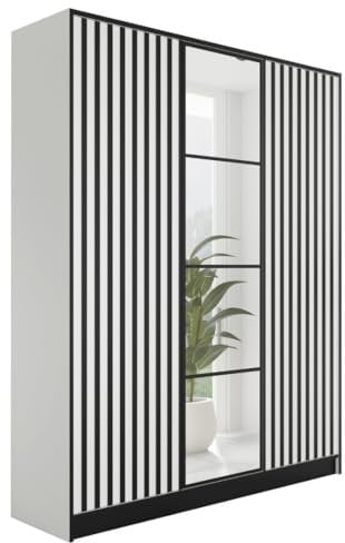 KIER FURNITURE Kleiderschrank mit Spiegel - Garderobenschrank mit Push to Open Türöffner - Schrank mit Ausziehbare Kleiderstange - Eden - 156,4x205x39cm - Weiß