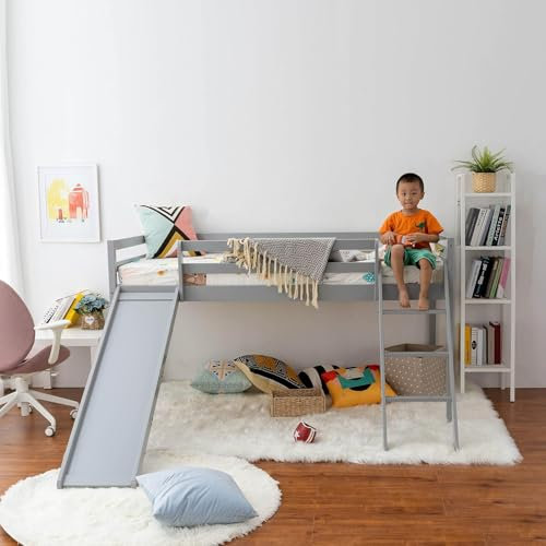 Panana High Sleeper Cabin Bunk Bed With Ladder, Yorkshire Midsleeper loft bed Solid Pine Wood Frame, Kids Children, Single 3 Foot (Grey, with slide and ladder)