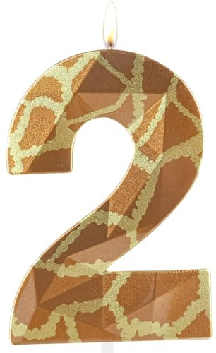 Metallic 3D Giraffe Wild One Birthday Candles, Number 2 Candle, Happy 2nd Birthday Candle for Cake, Jungle Safari Cake Topper Decorations for Boys Girls Birthday Party Anniversary Celebration Supplies