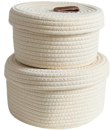 2er Set Aufbewahrungskorb Geflochten Baumwollseil Körbchen mit Deckel, Baumwolle Strickkorb Dekorative Regalkörbe, Flechtkorb Klein Aufbewahrungsbox Rope Basket für Schminke Socken Spielzeug (Stil B)