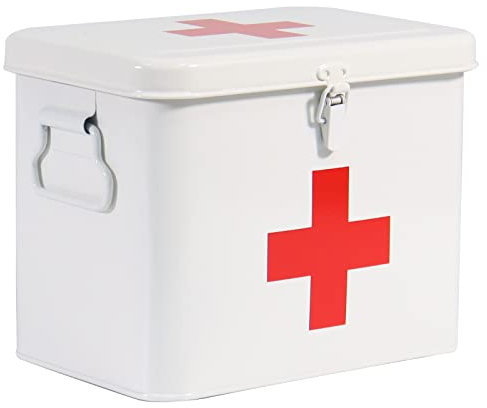 ZoeQide Boite Pharmacie,Boite Pharmacie Rangement,Armoire Pharmacie en Métal,Liberale Premiers Secours,Boîte de Rangement Avec Couvercle,Pour Rangement de Médicaments, 20.5 x 13.5 x 16.5 cm - Blanc