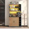 Küchenschrank, Hochschrank Buffet mit LED-Ambiente-Beleuchtung und Kabellöchern, Küchen-Highboard aus Holz, großer Platz für Mikrowelle,Ablagefächer,100x47x187cm (Grau+Natürlich)