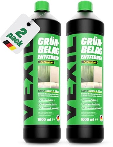 VEXIL® Grünbelagentferner Konzentrat – entfernt Algen, Moos, Pilze & Flechten – für Stein, Holz, Wände, Markissen und mehr – 2x 1L für bis zu 200 m² – frei von Chlor & Säuren – Made in Germany