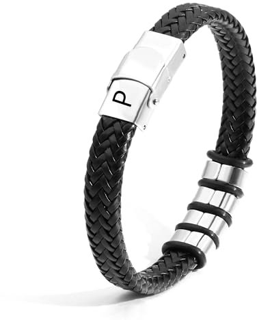 SAMINO Cuero Negro 26 Pulseras de Acero Inoxidable de Primera Letras Para Hombres Pulseras Colgantes de Letra A - Z Tejidas Pulseras Regalos Para Marido Padre Hijo Novio Tío (P)
