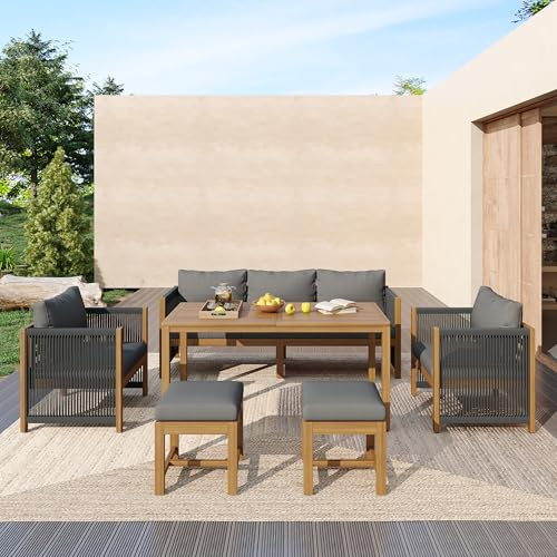 Jaxenor 7 Sitzplätze Lounge Möbel Outdoor, Gartenlounge Outdoor mit Akazien-Tischplatte, Garten Loungemöbel Set mit 2 Hocker, Balkon Sofa, Inklusive Aller Sitzpolster und Rückenkissen, Grau