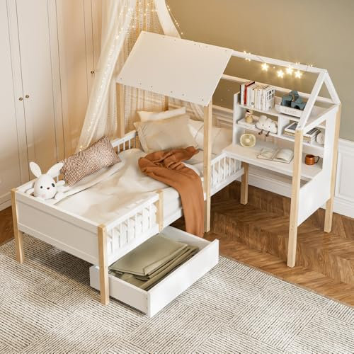 Seyakany Lit cabane Enfant 90x200 cm avec Bureau,lit Enfant cabane tiroirs,avec Rangement et Barriere et sommier à Lattes,Bureau en L et étagère,tiroirs à roulettes,en Bois Massif,Blanc