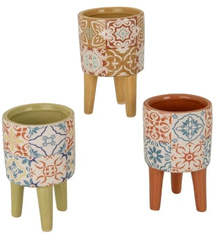 Doni Bomboniere Set 6PZ Vaso in Terracotta con Piedistallo in Legno e Decoro Maiolica Siciliana - Porta Piantine Succulenti Cactus - Regalo Bomboniere Evento