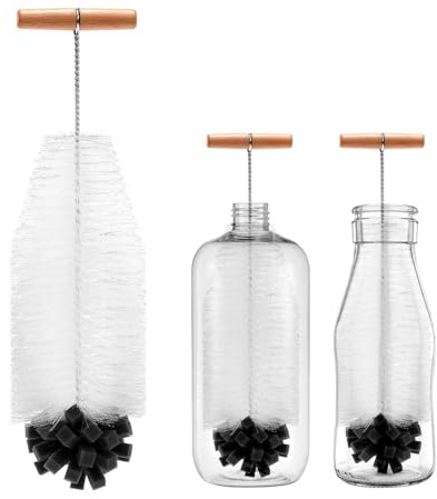 Spazzola per Bottiglie, 35cm Scovolino per Borraccia Compatibile con SodaStream, Pulizia Profonda Vetro/Biberon, Scopa Angolata Antigraffio con Manico Legno, Spazzola Densa per Sporco Ostinato