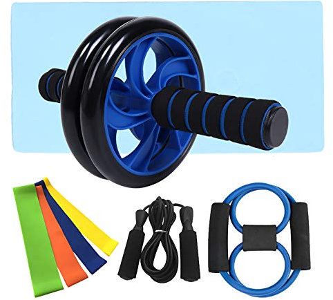 Sluffs Wheel Roller Kit with Push-Up Bar, Knee Mat, Jump Rope and Hand Gripper - Home Gym Workout for Men Women Core Strength & Abdominal Exercis