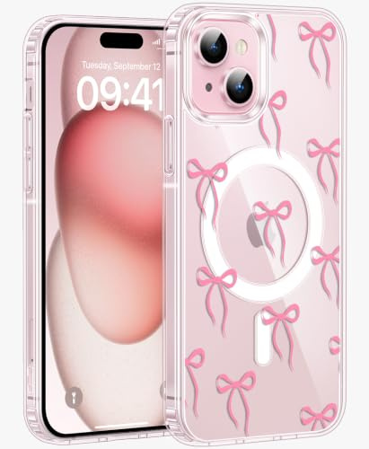 Jkvare for iPhone 15 Case, [Diamond Bling Camera Lens Protector], Crystal Clear Aesthetic Pattern Wireless Magnetic Protective Phone Cover for Women Girls - Chic Bows