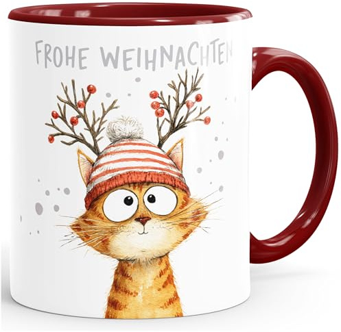 SpecialMe® Weihnachtstasse mit lustigem Katzenmotiv, Kaffee-Tasse Orangene Katze, perfekt für Advent und Nikolaus Weiss-innen-bordeauxrot standard