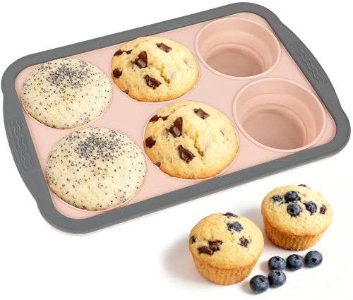 6 Cup Silicone Muffin & Cupcake Tray with Metal Frame, Non-Stick & Foldable | BPA Free, Easy to Clean, Dishwasher Safe, Oven, Microwave, Fridge Safe, for Muffin Cakes, Brownies, Cheesecake, Tart & Bread