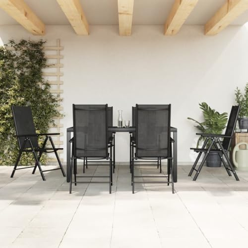 QJBSAVVA 7tlg Garten-Essgruppe Schwarz Alu 153×90×73,5 cm, Klappstühle Textilene, 7-Fach verstellbare Lehne, Balkon-Set