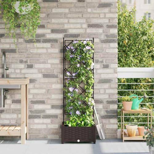 Hoopleep Gartenpflanzer mit Spalier, Braun, 40x40x125,5 cm, PP-Kunststoff, erhöhte Pflanzkübel für Outdoor Blumen, Gemüse