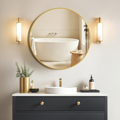 Sqinor Spiegel Rund Gold 50cm HD Spiegelglas Wandspiegel, Modern Badspiegel Rund mit Aluminium Rahmen, Hängend oder Kleben, Deko Runder Spiegel für Bad Badezimmer Flur Wohnzimmer Schlafzimmer