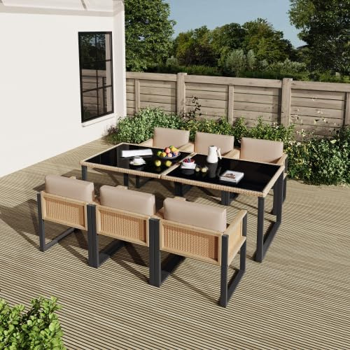 Merax Gartenmöbel Set – Gartentisch mit 6 Stühlen, Rattan Esstisch Set mit abnehmbaren Kissen und gehärteter Glasplatte, Perfekt für Terrasse und Balkon