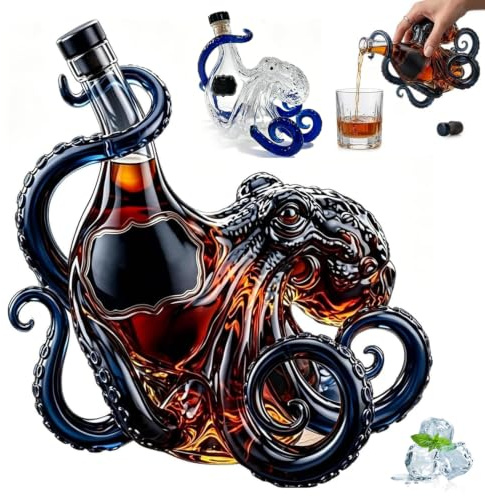 3D Oktopus Flasche, 350 ML 3D Oktopus Whiskey Dekanter, Künstlerischer Oktopu-förmiger Glasdekanter, 3D Octopus Bottle, Oktopus Dekoflasche, Glas Oktopus, Whiskey Karaffe, Geschenk für Männer, Vater