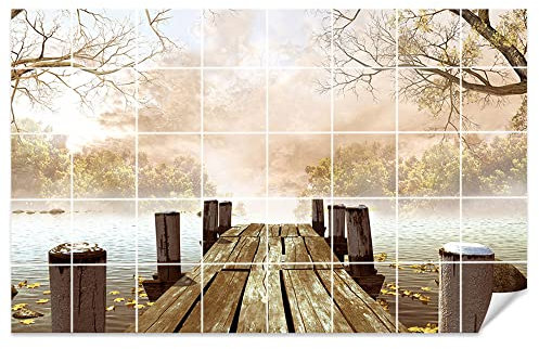 GRAZDesign Fliesenaufkleber Bad Klebefliesen See Steg Natur Braun Fliesenbild selbstklebend - 25x25cm / Bild: 180x120cm (BxH)
