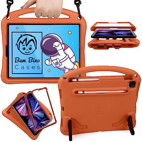 Bam Bino Space Suit Kids Case for iPad Pro 12.9 3rd/4th/5th/6th Generation (2018-2022) Models [Not for iPad Pro 12.9 1st/2nd Gen] Screen Guard, Handle, Shoulder Strap, Pencil Holder (Solar Tangerine)