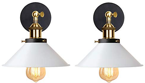 iDEGU 2 Stück Wandleuchte Industrielle Vintage Wandlampe Deckenleuchte Edison-Stil Metall Retro Lampe mit 180° Drehung E27 Fassung, 22 cm Lampenschirm (Weiß)